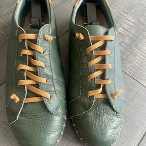 Olive Green Leather Women's Sneakers with Tan Laces